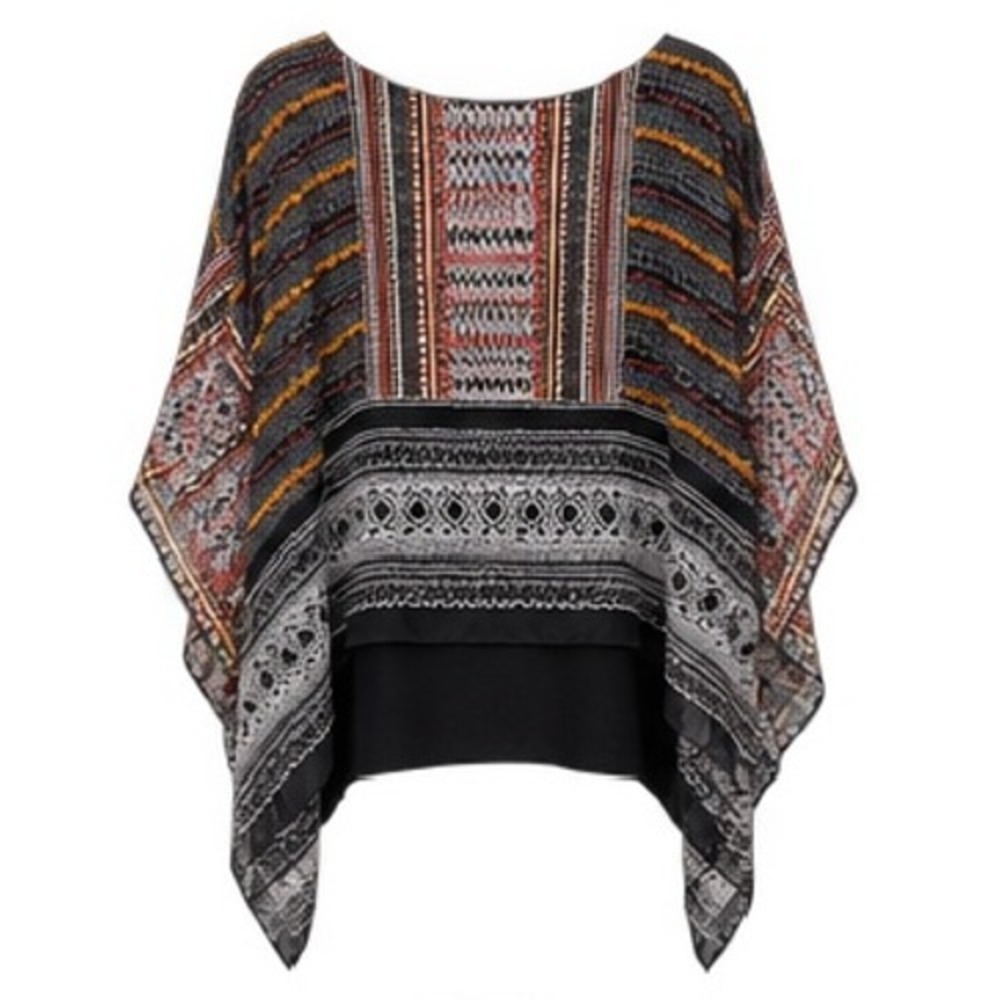 AGB Woman 2X Geometric Tribal Sheer Overlay Poncho Top Boho Hippie Festival